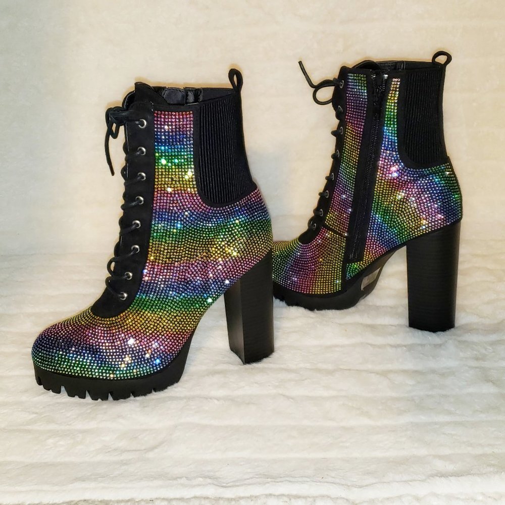 Rainbow Sparkle Rhinestone Chunky High Heel Ankle Boots - Picture 5 of 17